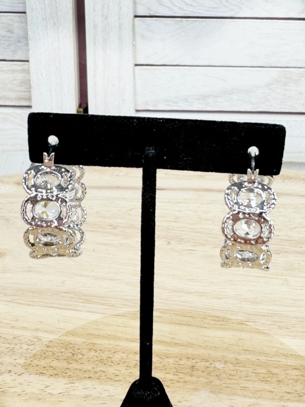 QVC Chunky Rhinestone Silver Tone Hoop Earrings Large Sparkly Classic - Picture 5 of 11